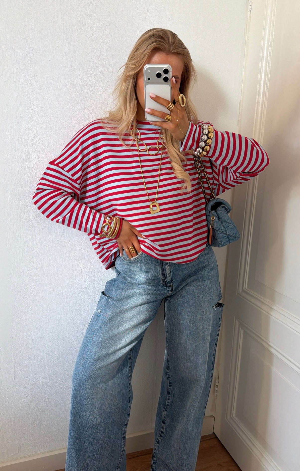 Lies striped tee rood / ijsblauw