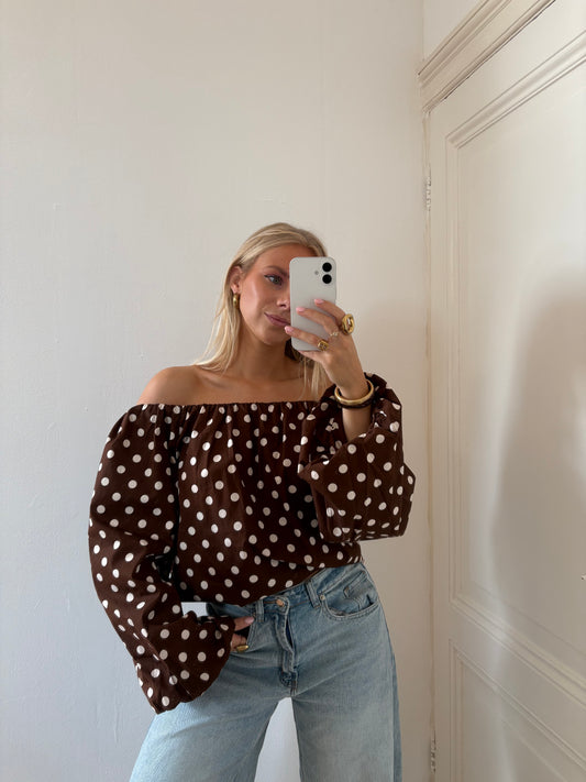Evi off-shoulder top - dots brown