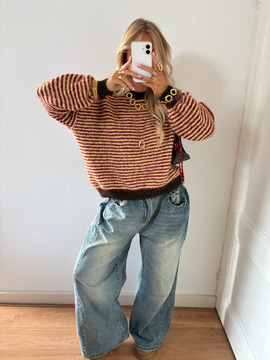 Senna stripes knit bordeaux/geel/chocolade