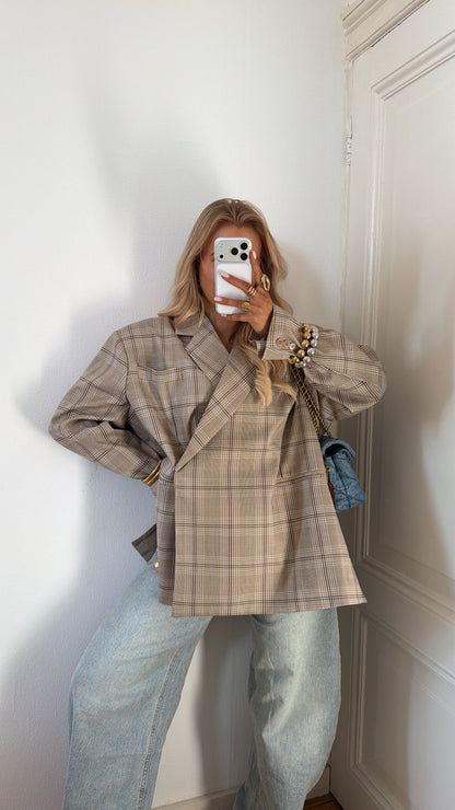 OVERSIZED BLAZER CHECKERED BLAUW/BEIGE