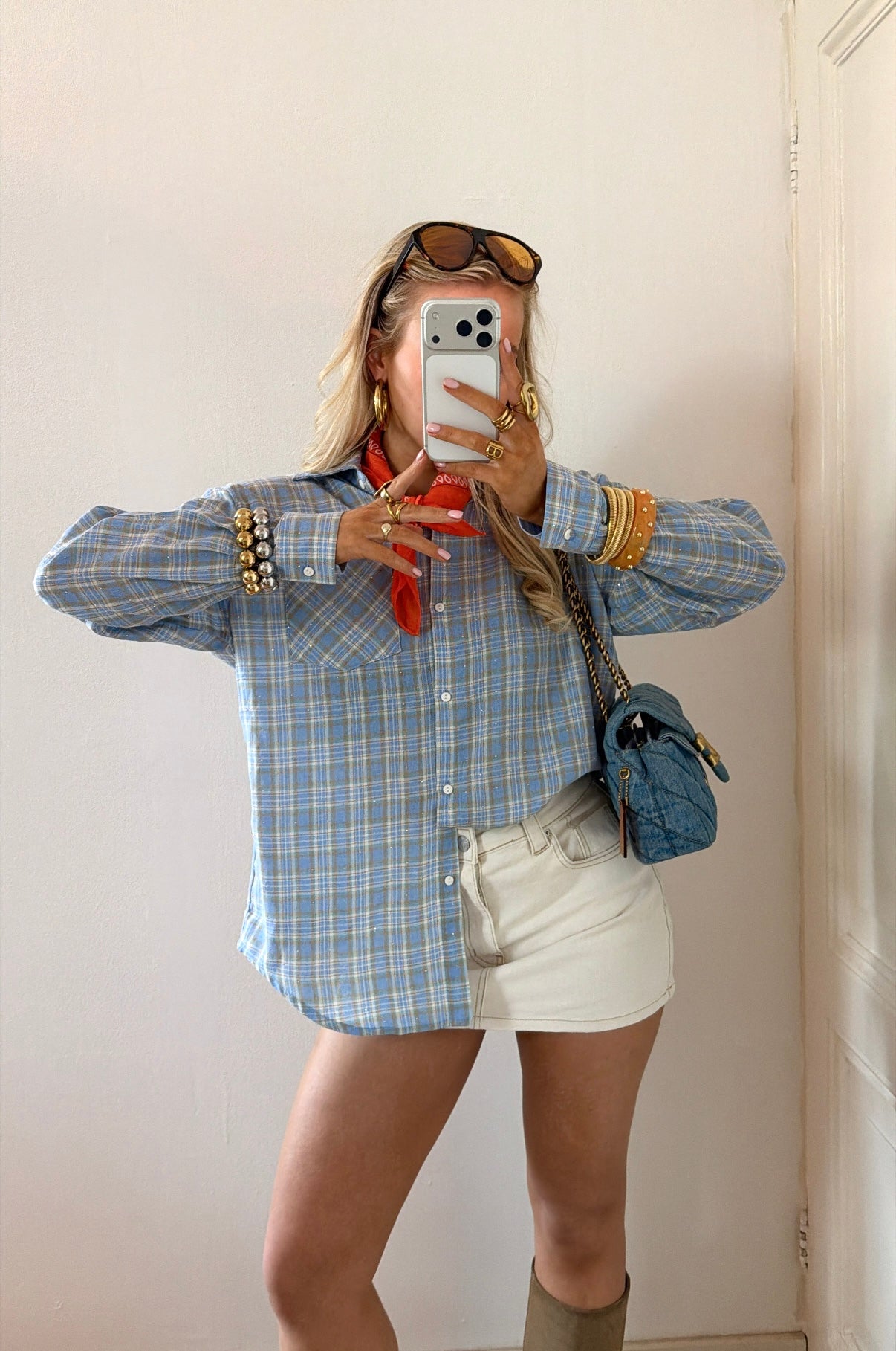 STUDDED CHECKERED BLOUSE