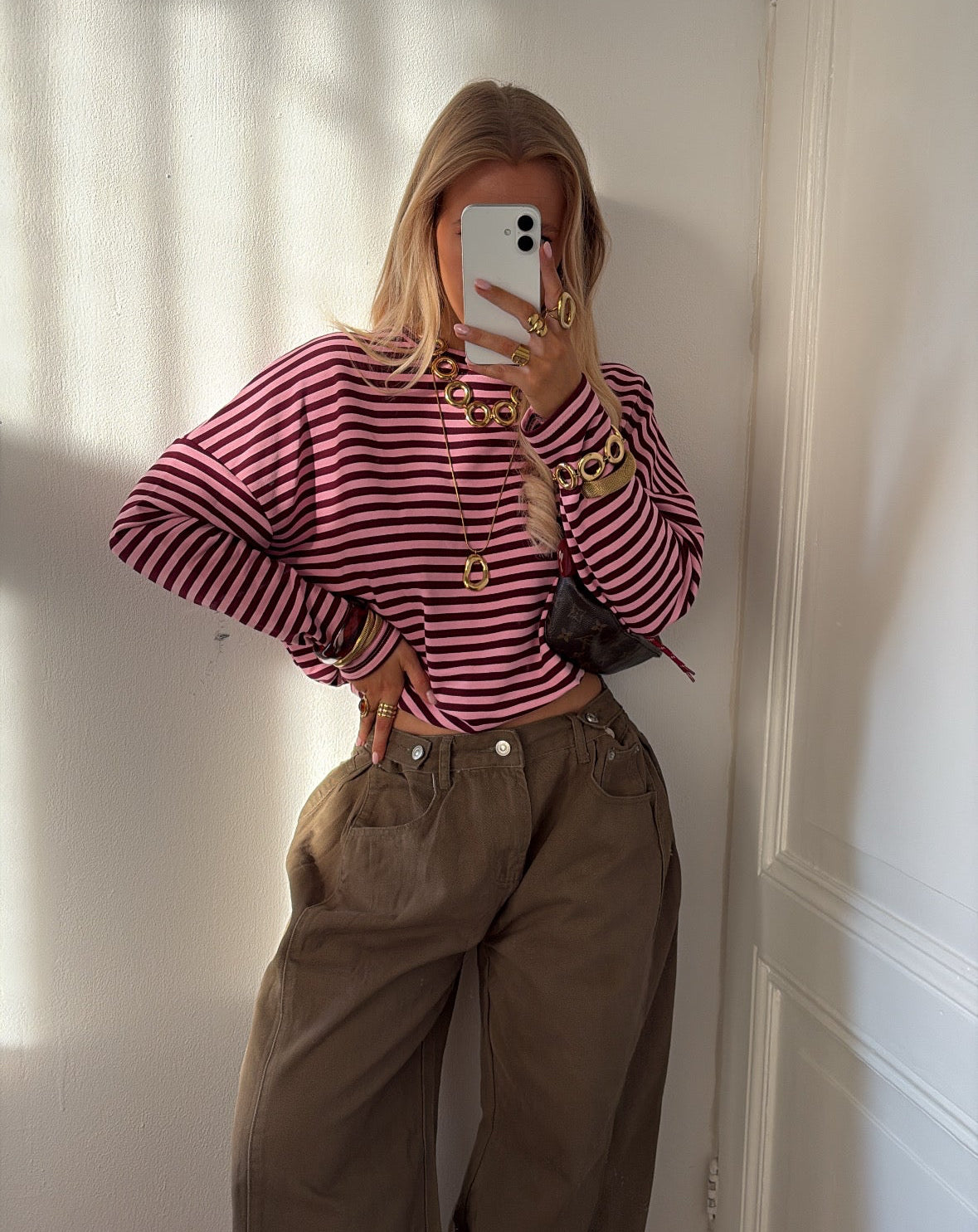 Lies stripes tee roze/burgandy