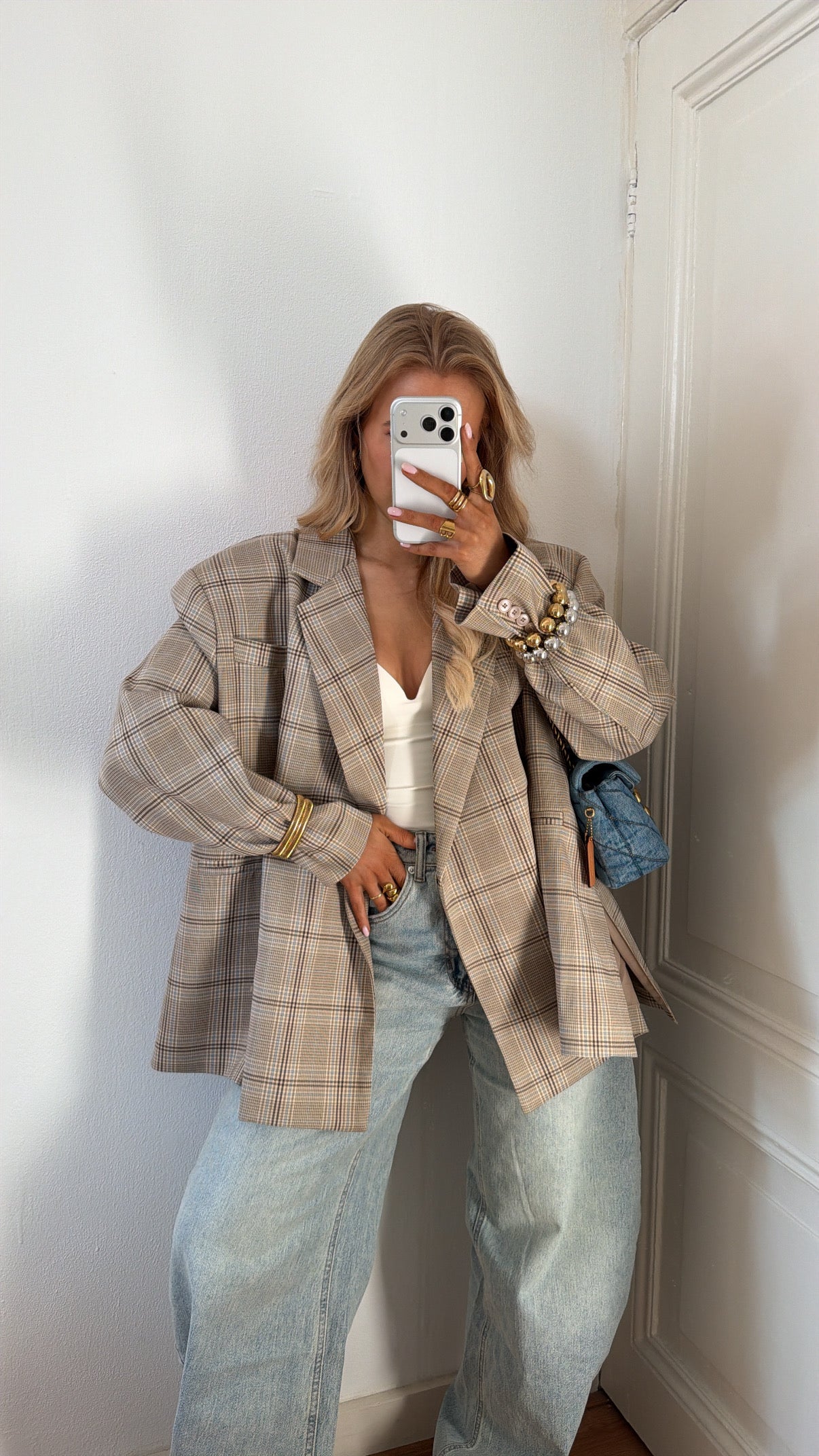 OVERSIZED BLAZER CHECKERED BLAUW/BEIGE