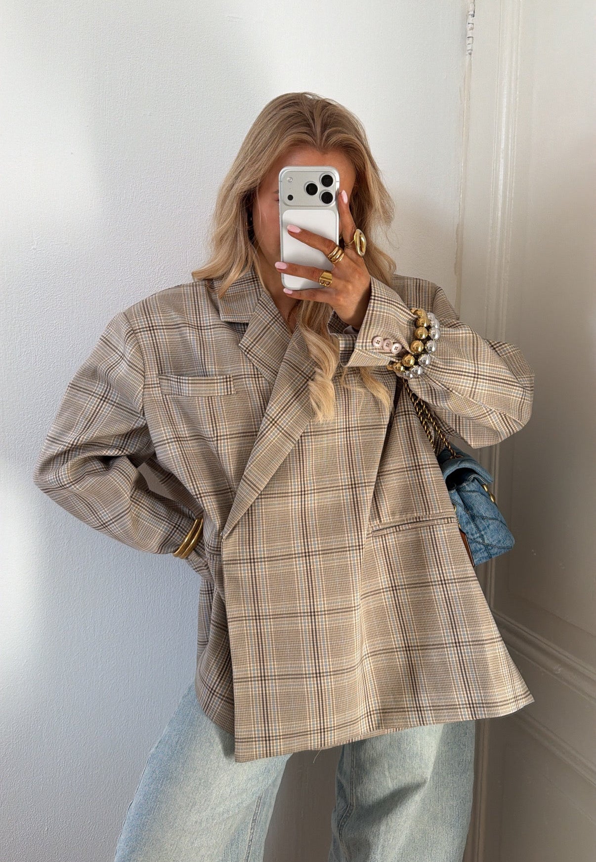 OVERSIZED BLAZER CHECKERED BLAUW/BEIGE